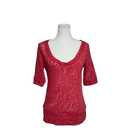 Rue21 Tops - Y2K Rue21 Sheer Red Floral Burnout Womens Top Scoop Neck 3/4 Sleeves XL Cotton/P